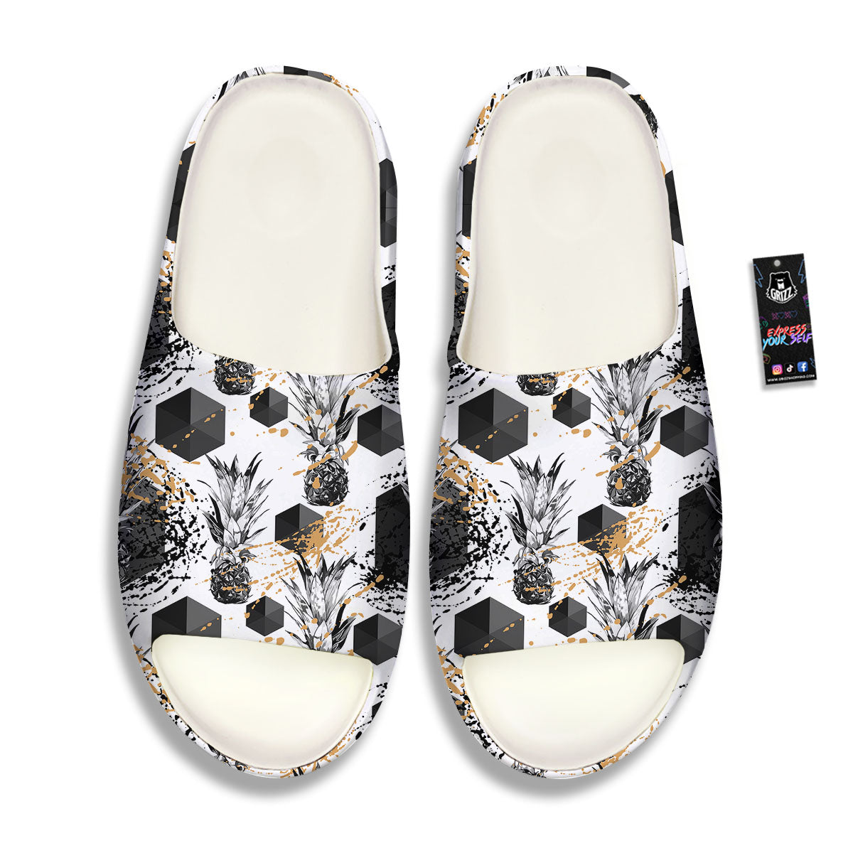 Pineapple Black Geometric Print Pattern Sandals-grizzshop