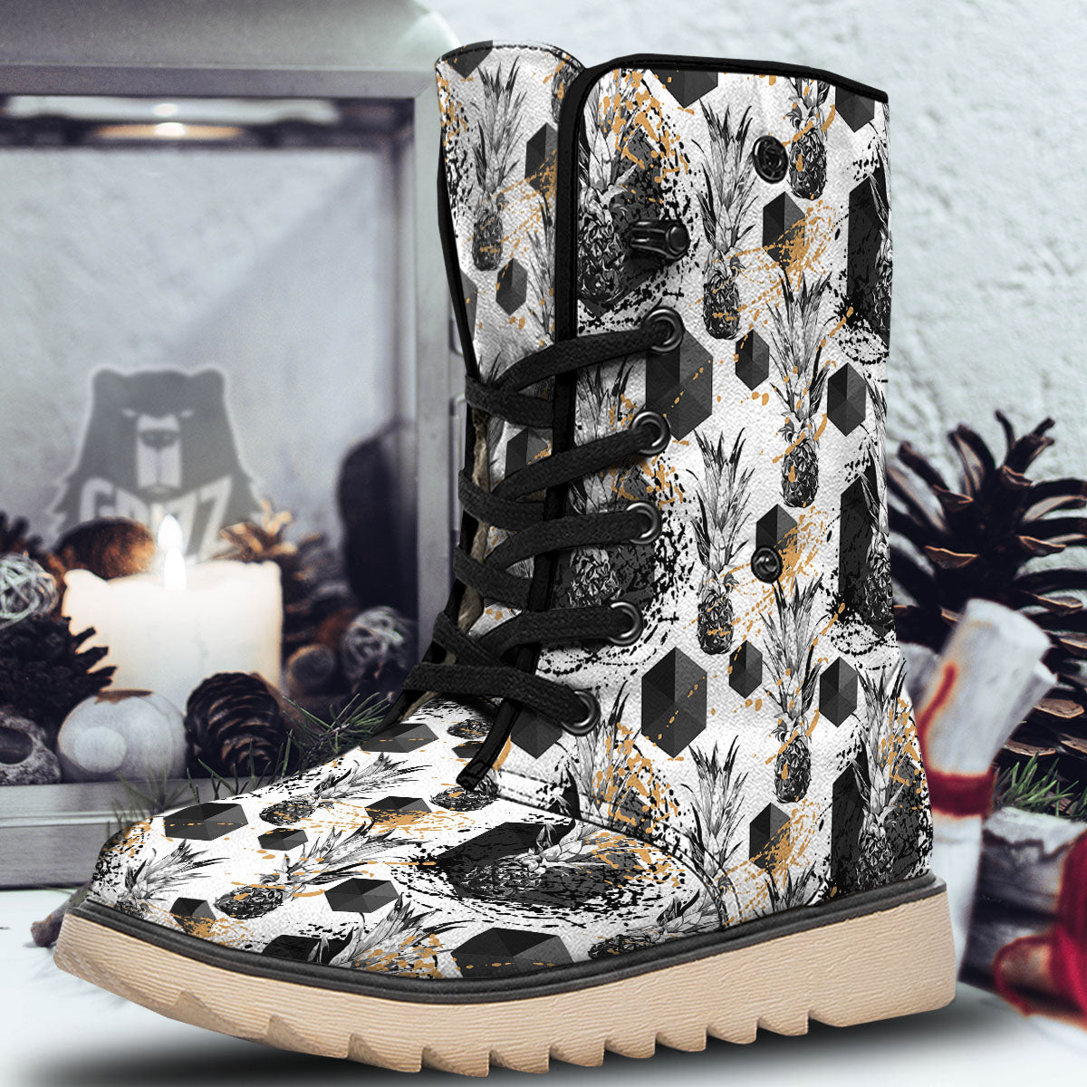 Pineapple Black Geometric Print Pattern Snow Boots-grizzshop