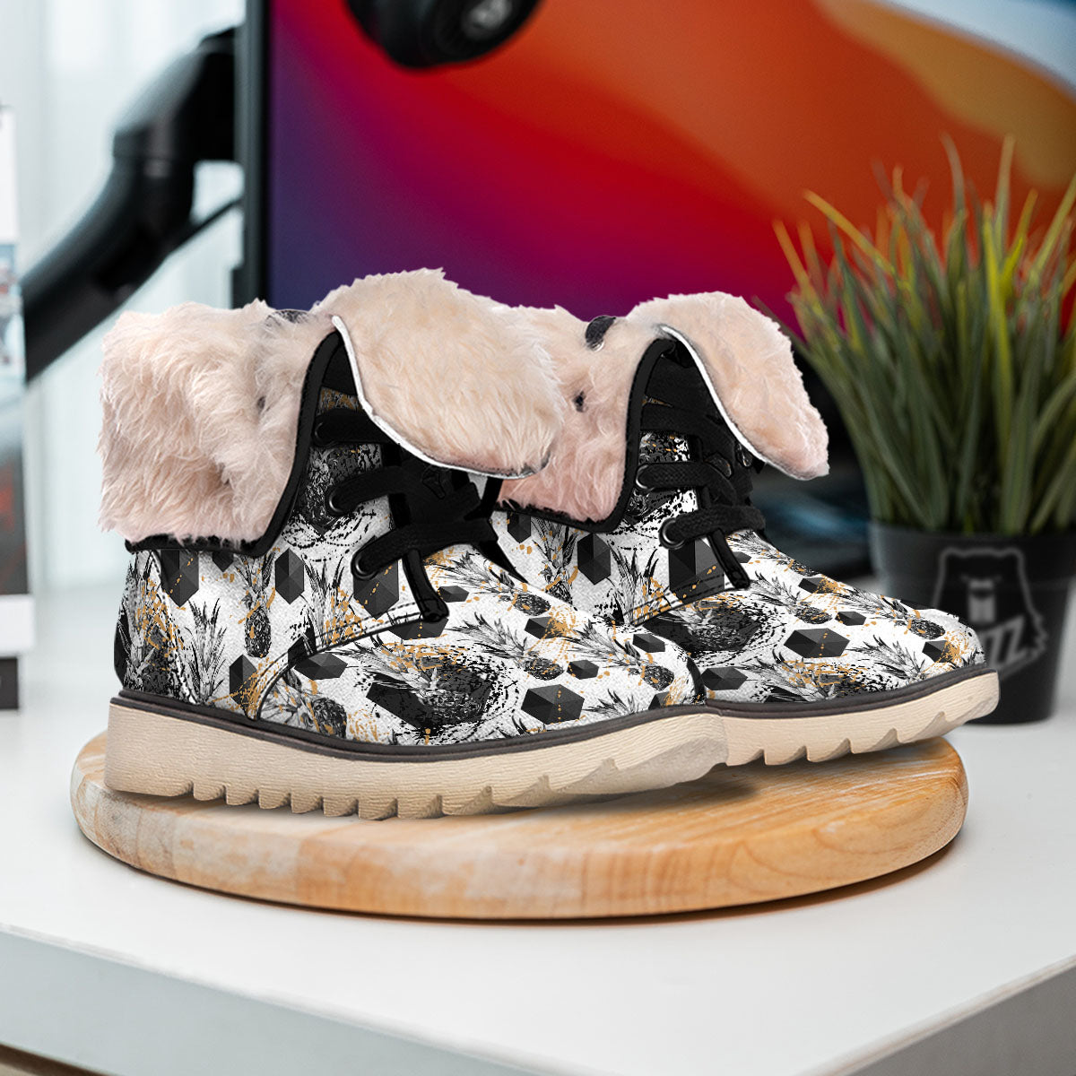 Pineapple Black Geometric Print Pattern Snow Boots-grizzshop