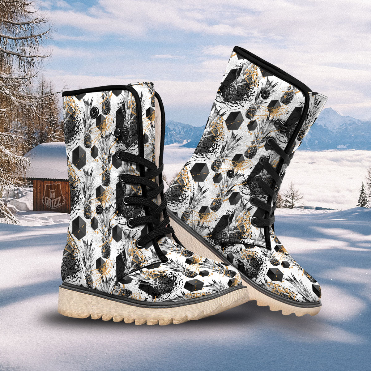 Pineapple Black Geometric Print Pattern Snow Boots-grizzshop