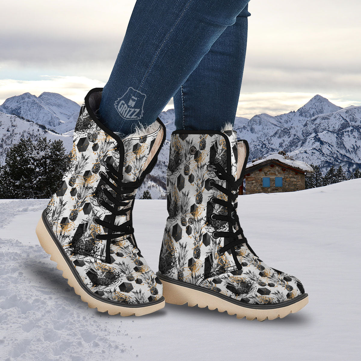 Pineapple Black Geometric Print Pattern Snow Boots-grizzshop