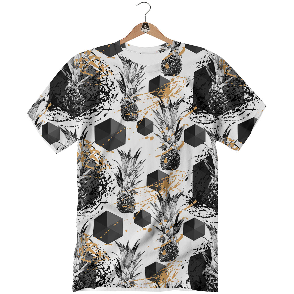 Pineapple Black Geometric Print Pattern T-Shirt-grizzshop