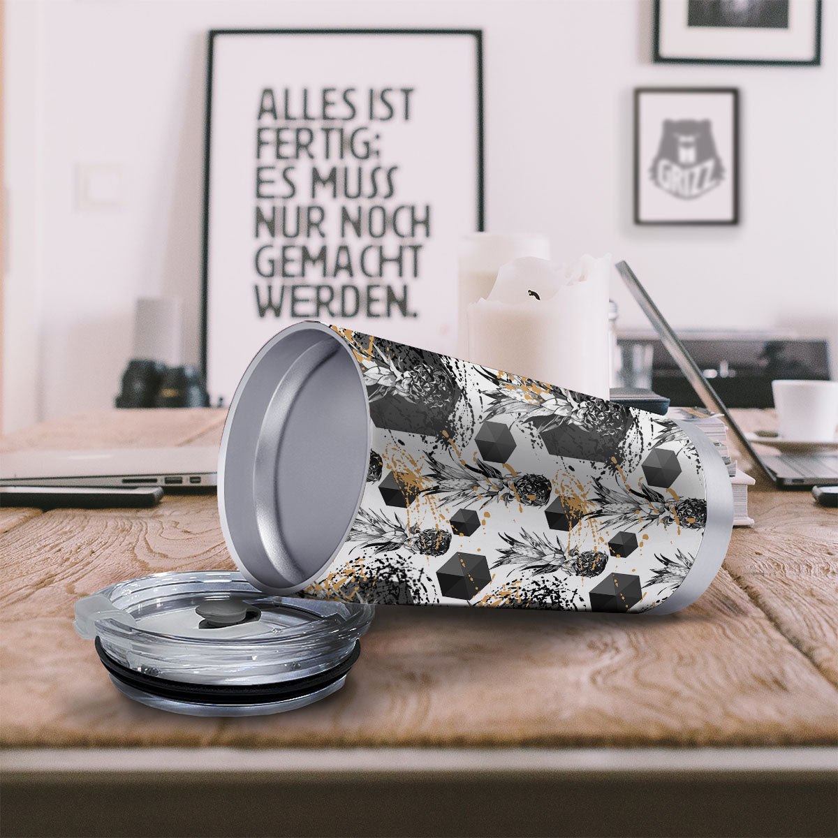 Pineapple Black Geometric Print Pattern Tumbler-grizzshop