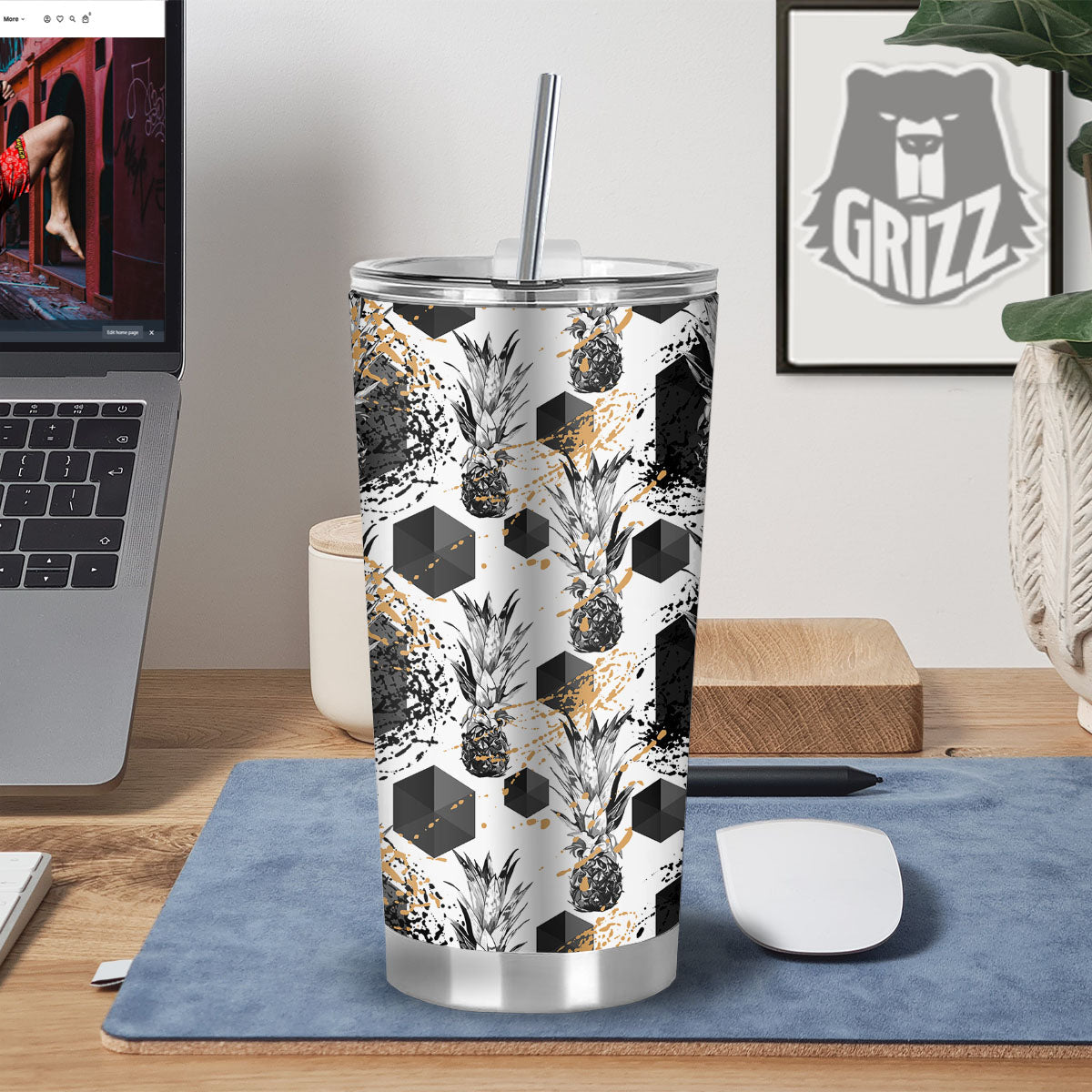Pineapple Black Geometric Print Pattern Tumbler-grizzshop