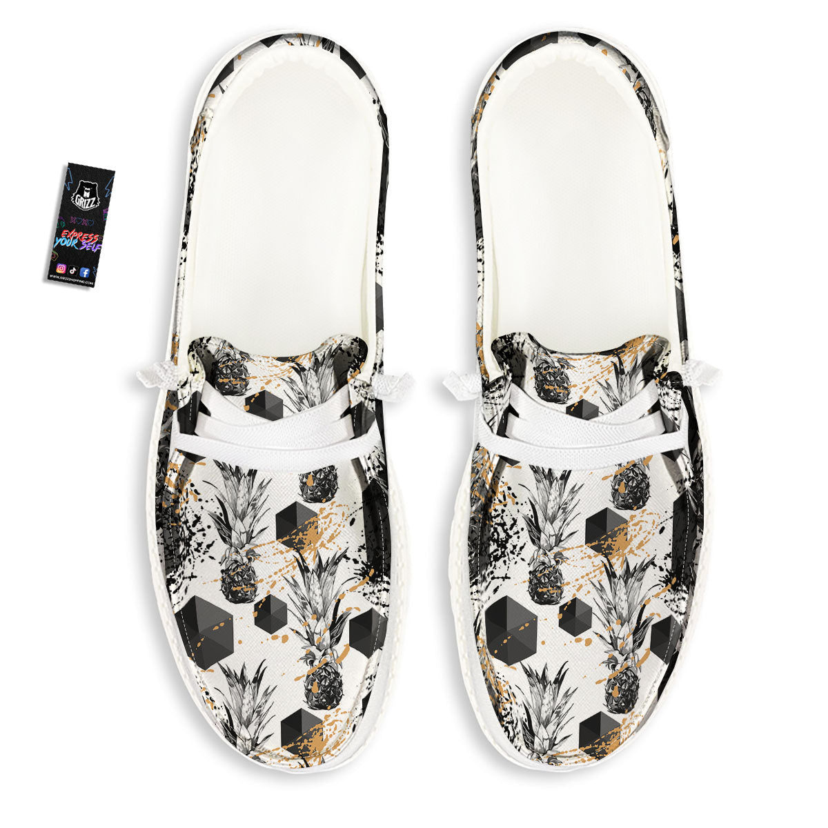 Pineapple Black Geometric Print Pattern White Loafers-grizzshop