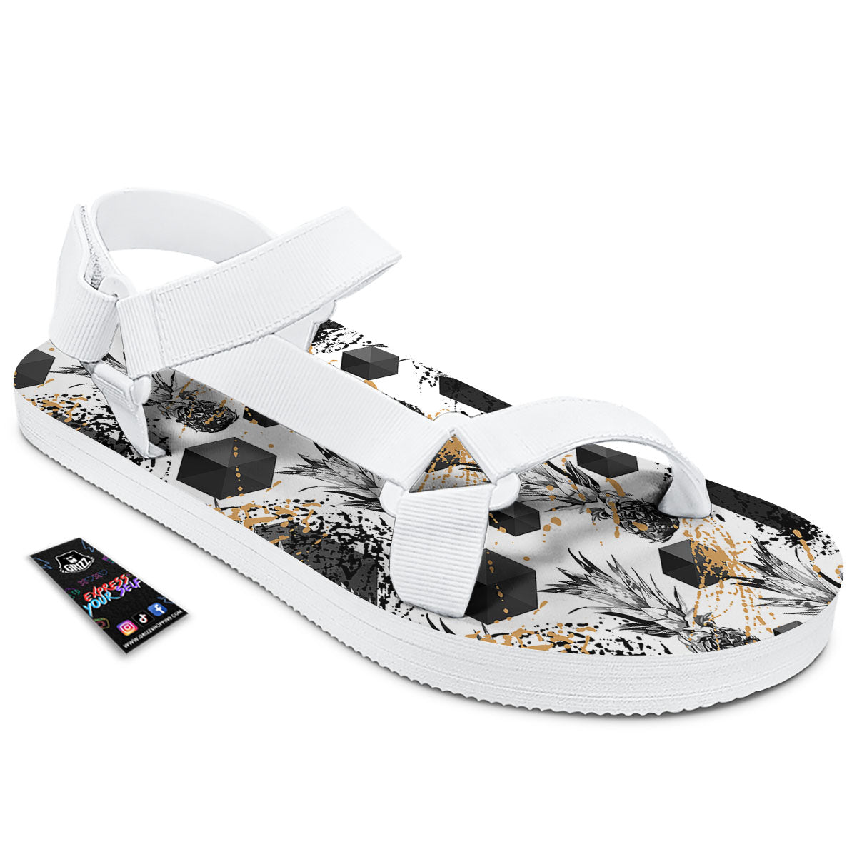 Pineapple Black Geometric Print Pattern White Open Toe Sandals-grizzshop