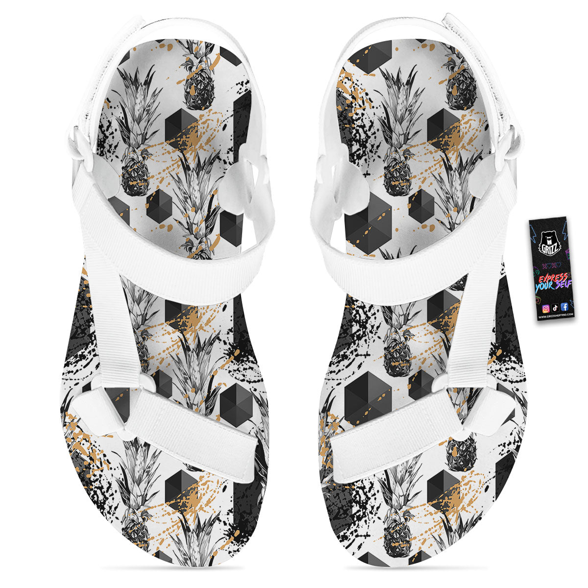 Pineapple Black Geometric Print Pattern White Open Toe Sandals-grizzshop