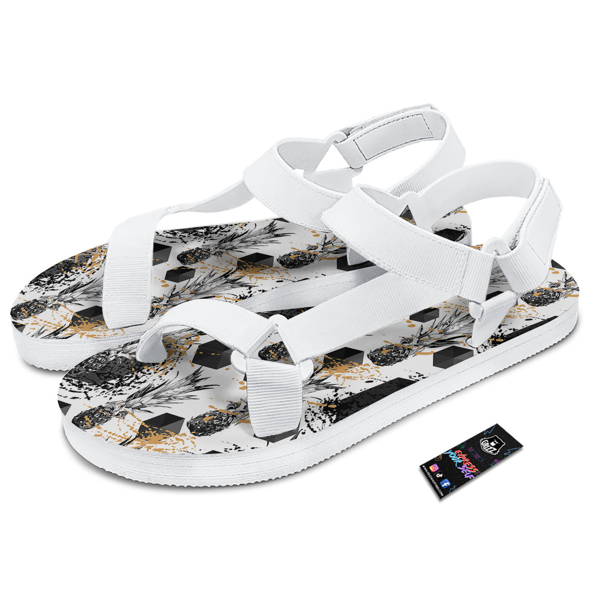 Pineapple Black Geometric Print Pattern White Open Toe Sandals-grizzshop