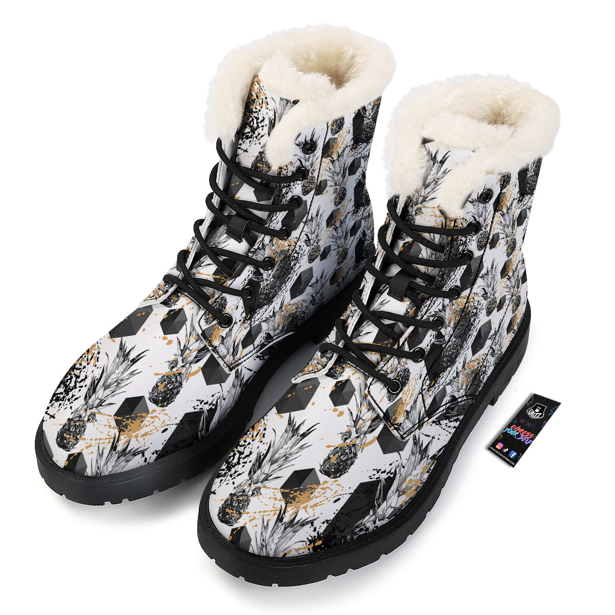 Pineapple Black Geometric Print Pattern Winter Boots-grizzshop