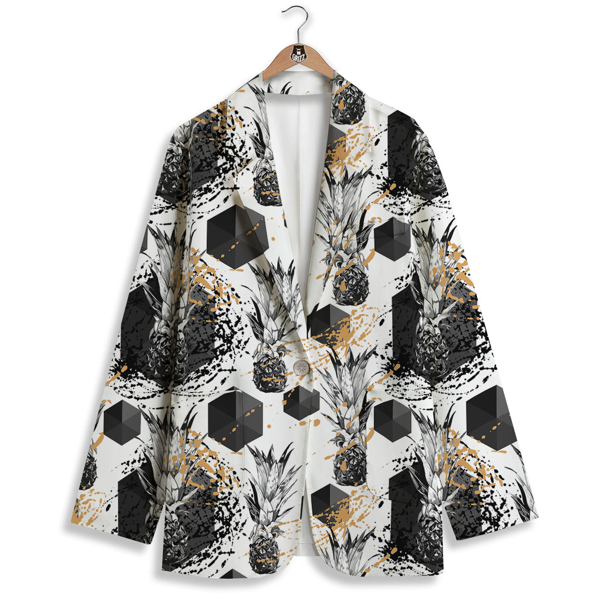 Pineapple Black Geometric Print Pattern Women's Blazer-grizzshop