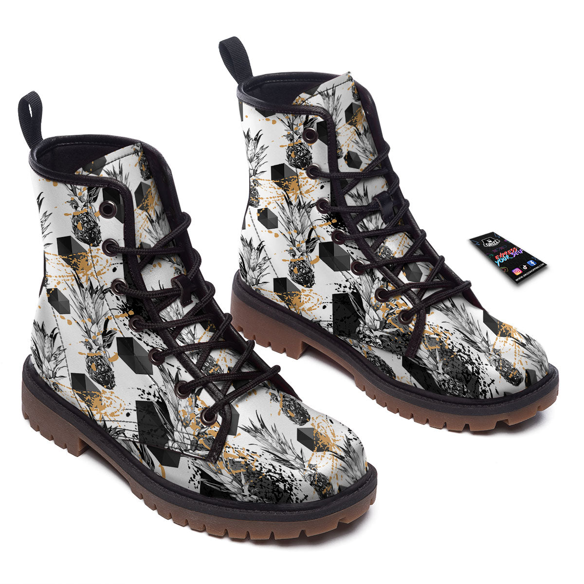 Pineapple Black Geometric Print Pattern Work Boots-grizzshop