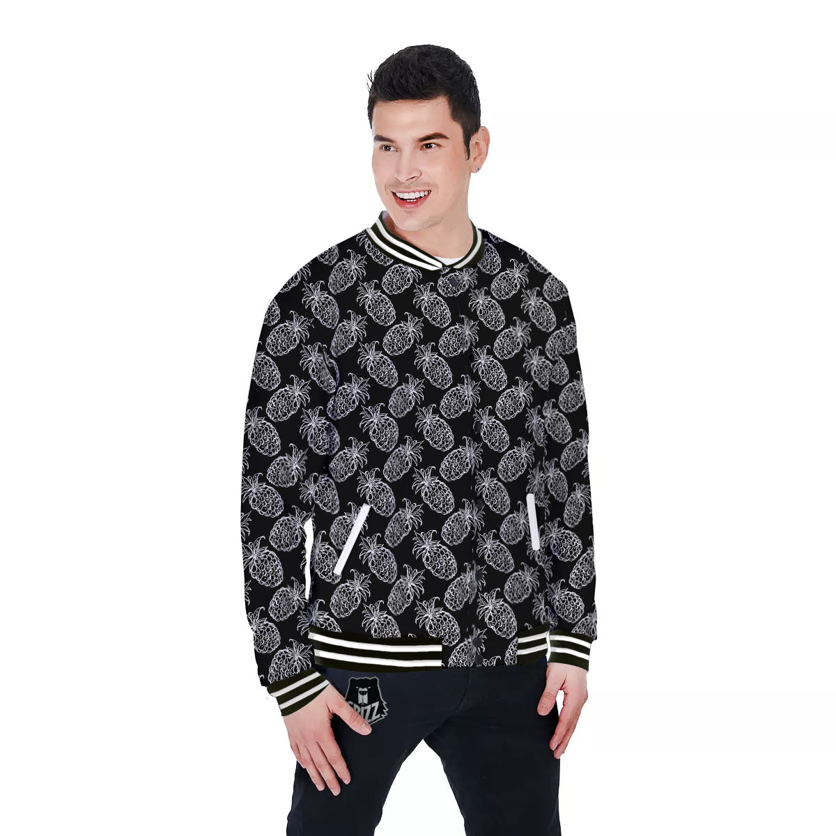 Pineapple Black Hawaiian Print Pattern Baseball Jacket-grizzshop