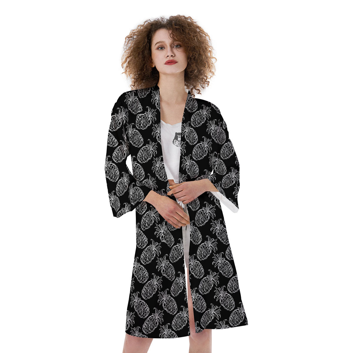 Pineapple Black Hawaiian Print Pattern Kimono-grizzshop