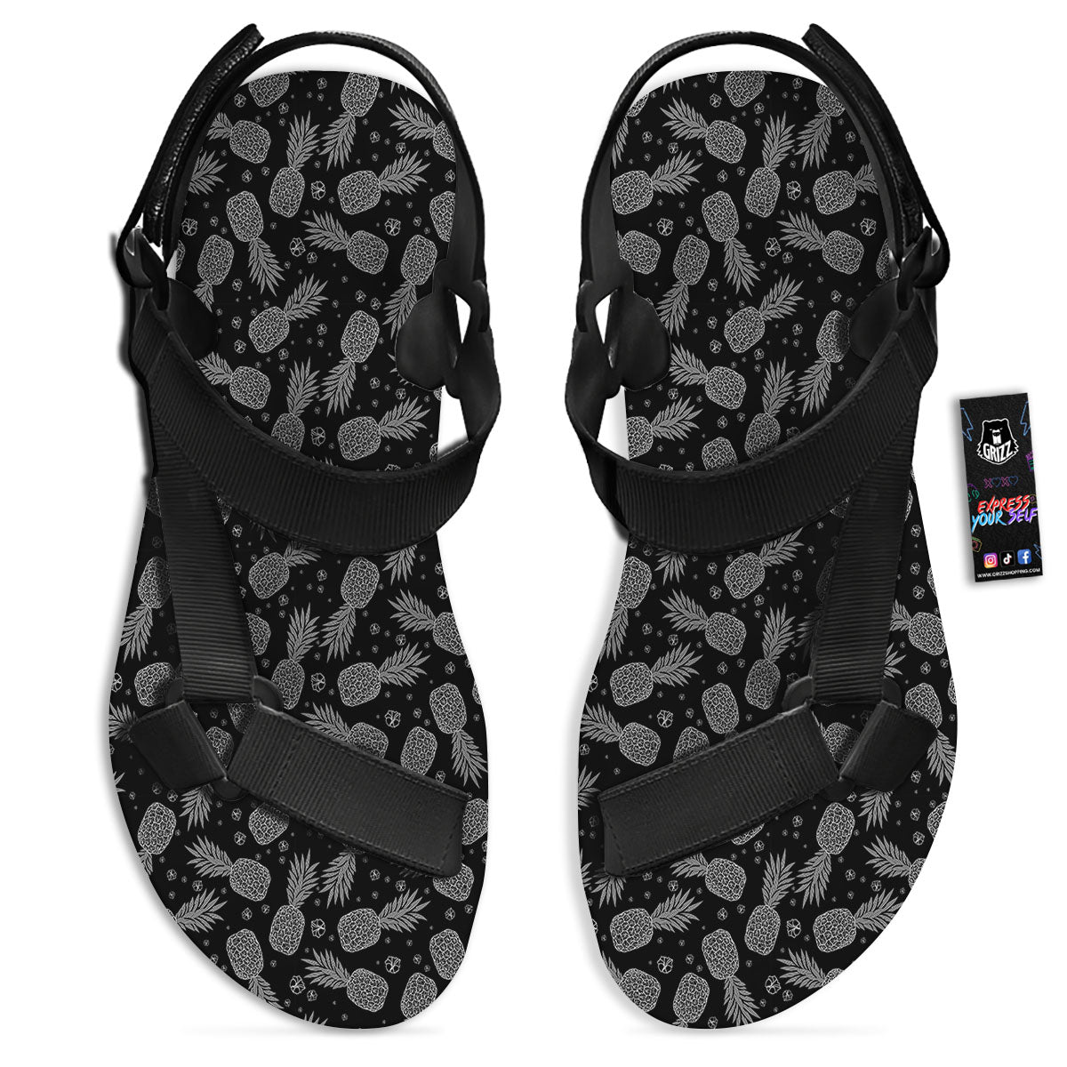 Pineapple Black Print Pattern Black Open Toe Sandals-grizzshop