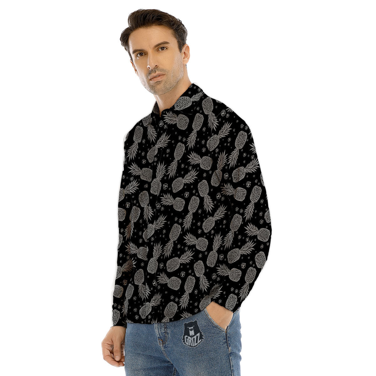 Pineapple Black Print Pattern Men's Dress Shirts-grizzshop