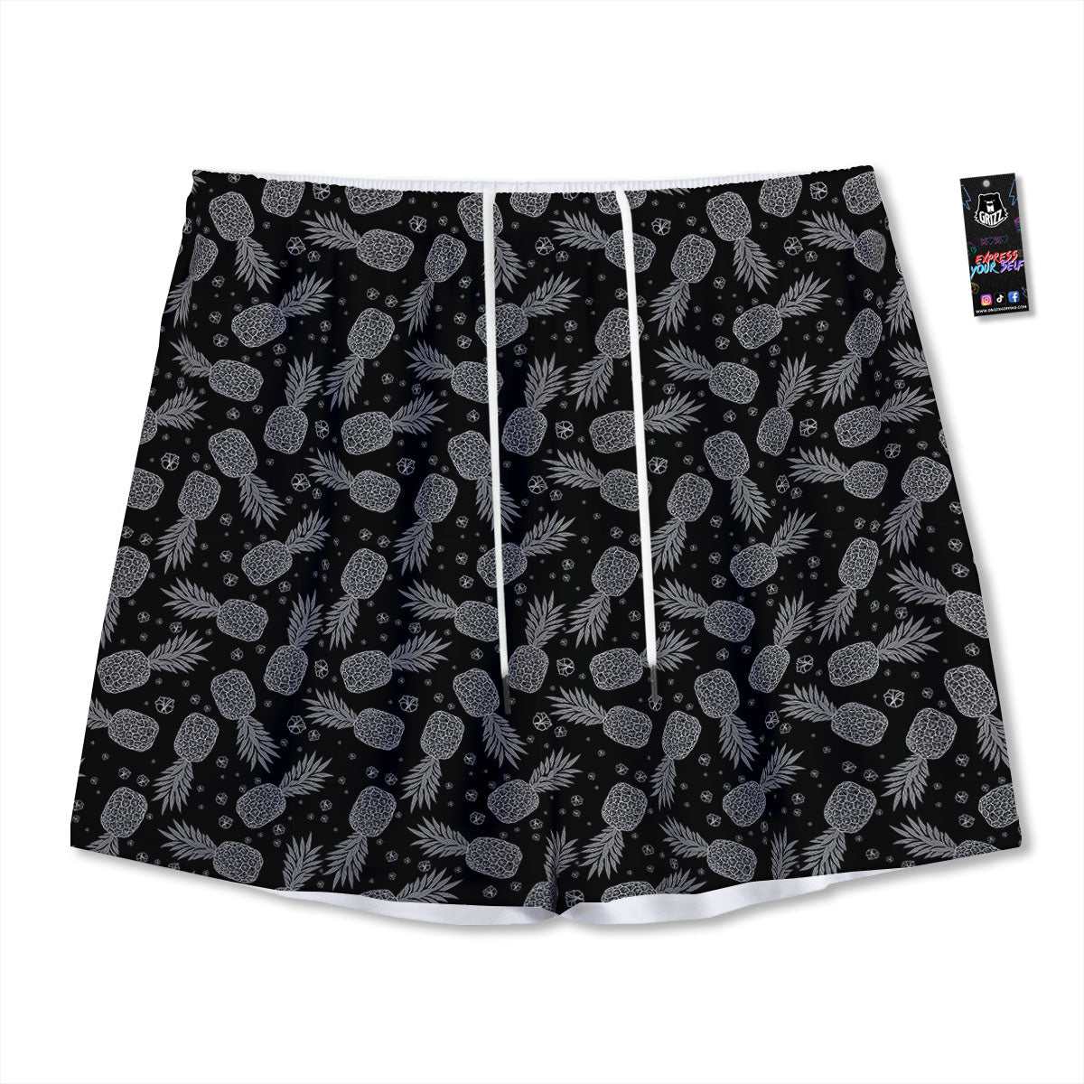 Pineapple Black Print Pattern Mesh Shorts-grizzshop