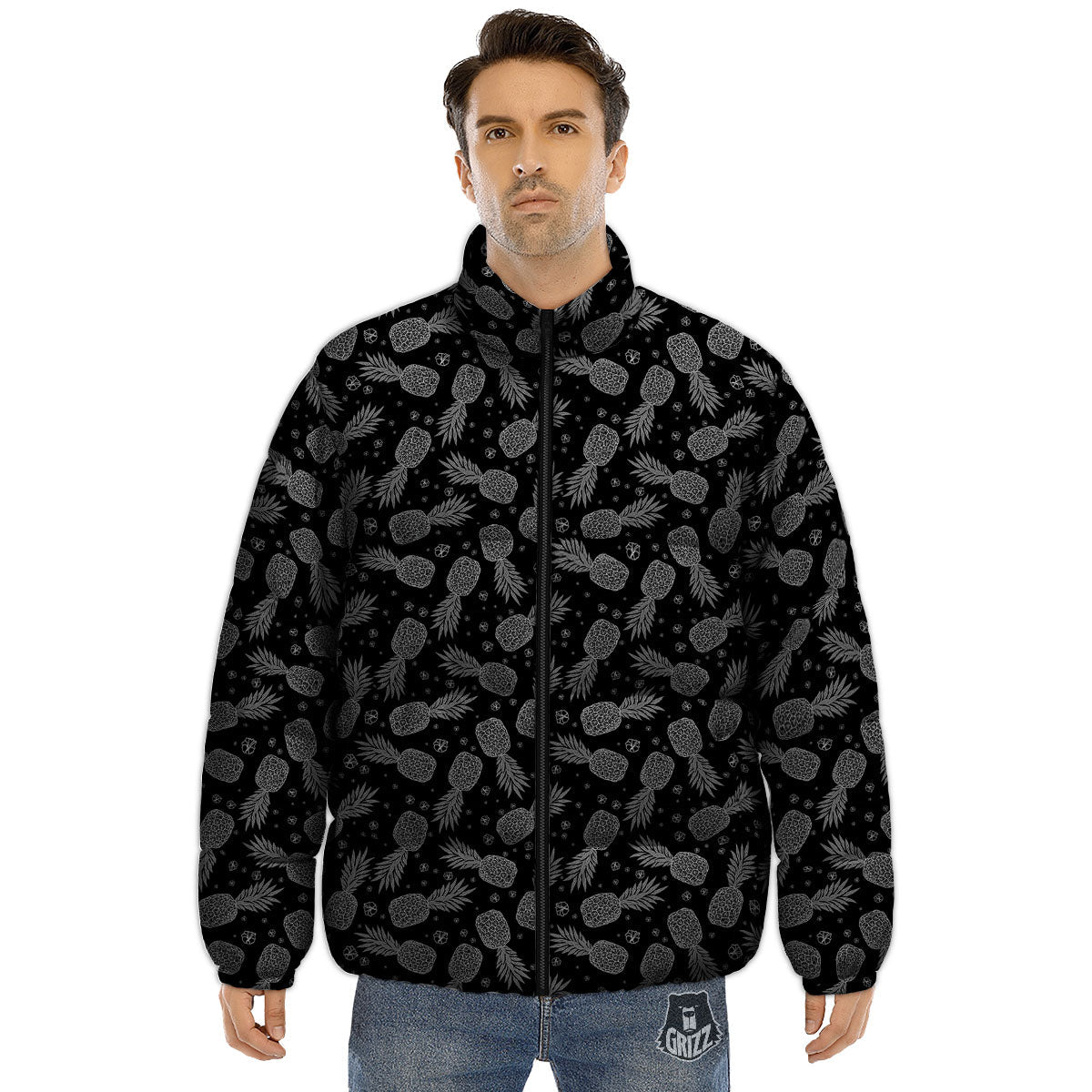 Pineapple Black Print Pattern Puffer Jacket-grizzshop
