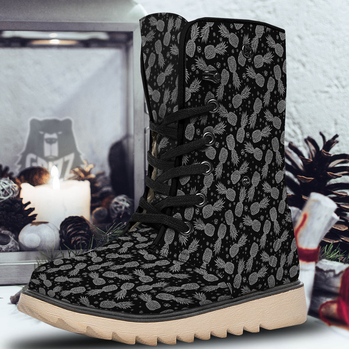Pineapple Black Print Pattern Snow Boots-grizzshop