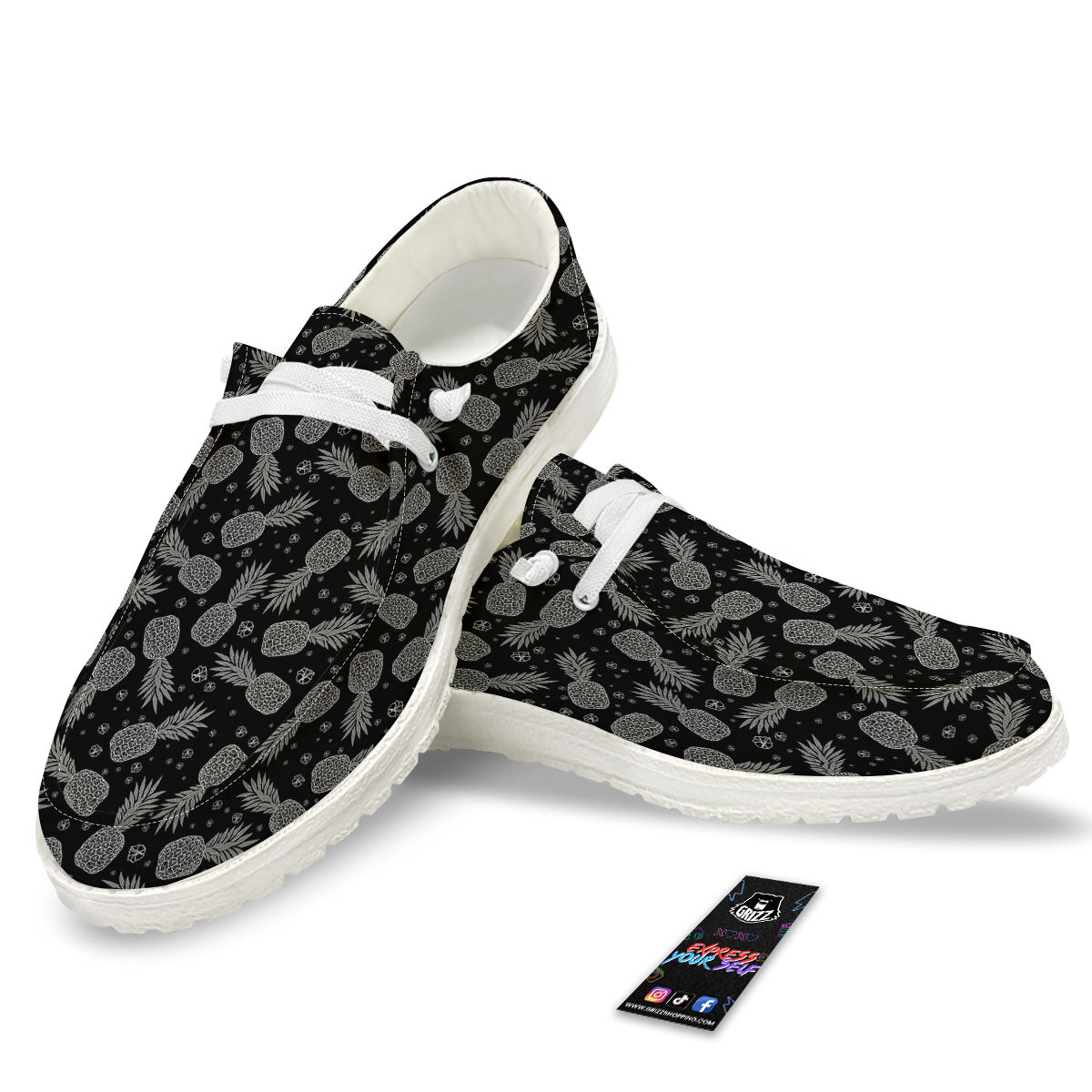 Pineapple Black Print Pattern White Loafers-grizzshop