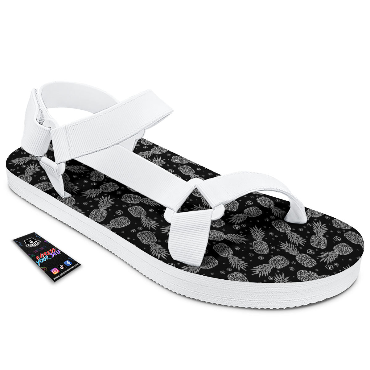 Pineapple Black Print Pattern White Open Toe Sandals-grizzshop
