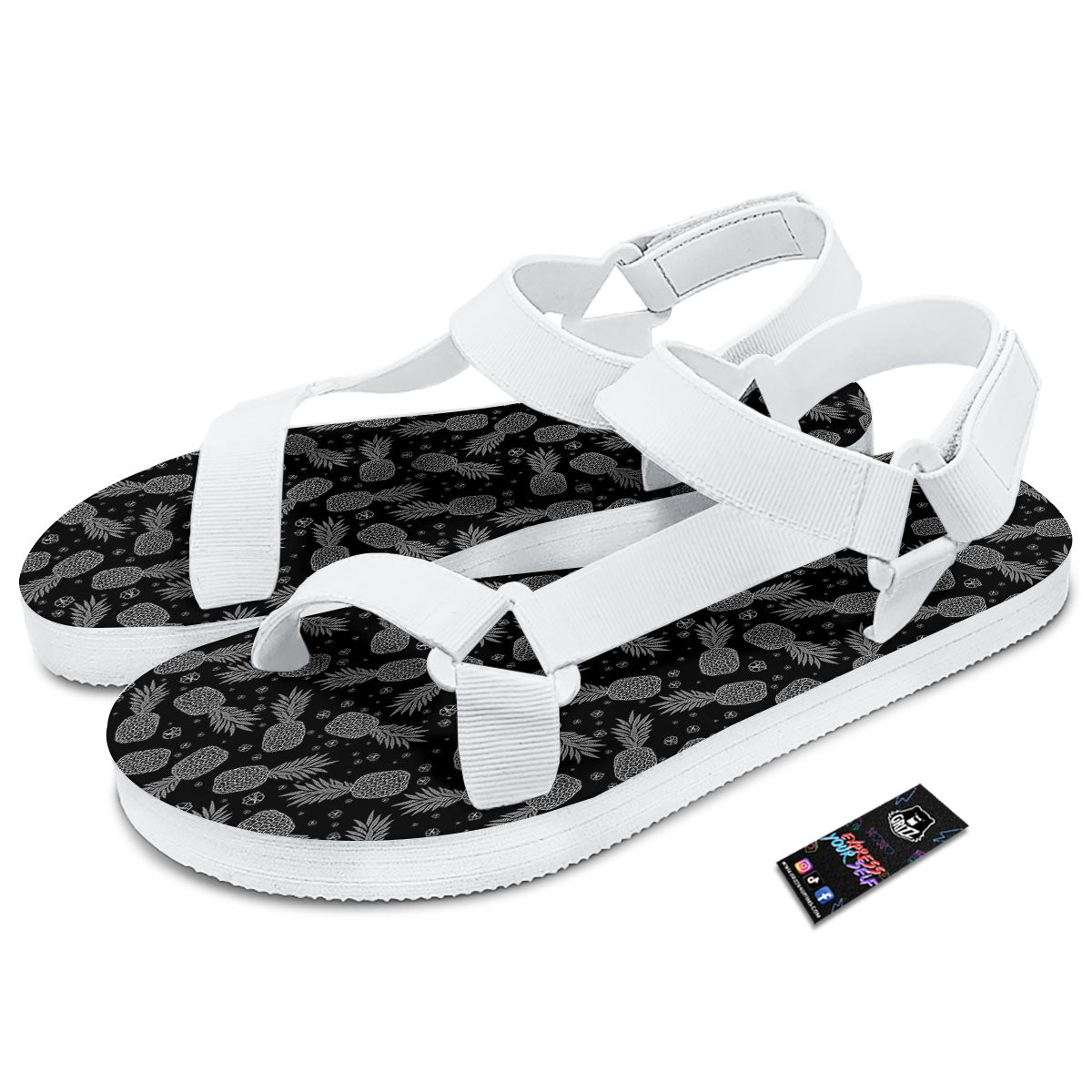 Pineapple Black Print Pattern White Open Toe Sandals-grizzshop