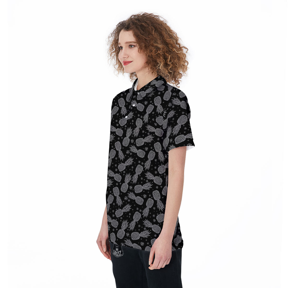 Pineapple Black Print Pattern Women's Golf Shirts-grizzshop