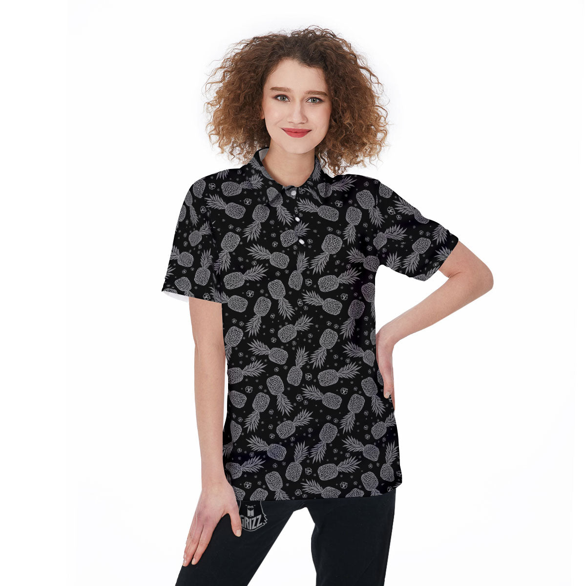Pineapple Black Print Pattern Women's Golf Shirts-grizzshop