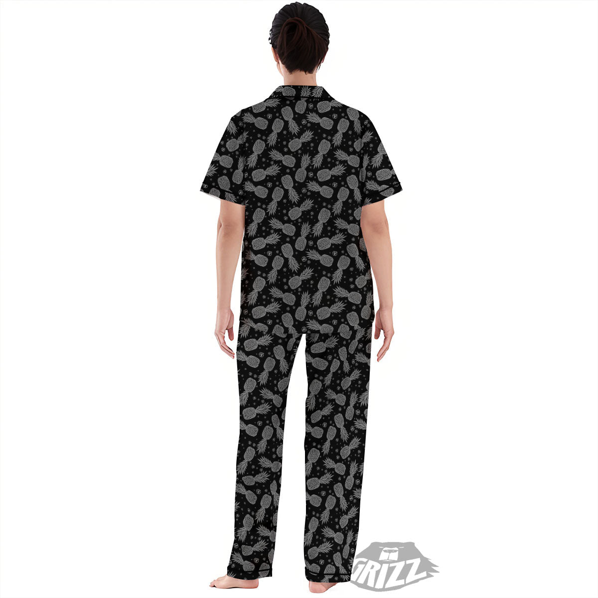 Pineapple Black Print Pattern Women's Pajamas Set-grizzshop