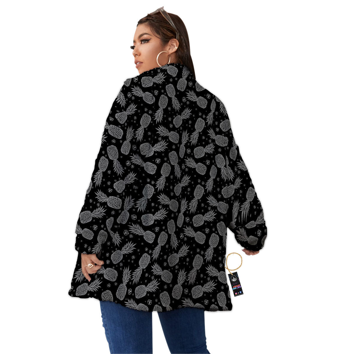 Pineapple Black Print Pattern Women's Sherpa Jacket-grizzshop