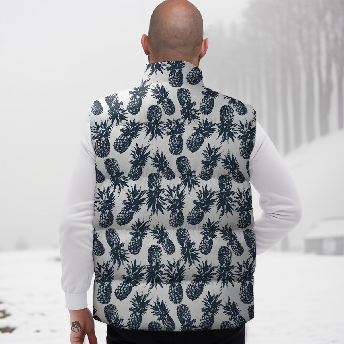 Pineapple Black Tropical Print Pattern Down Vest-grizzshop