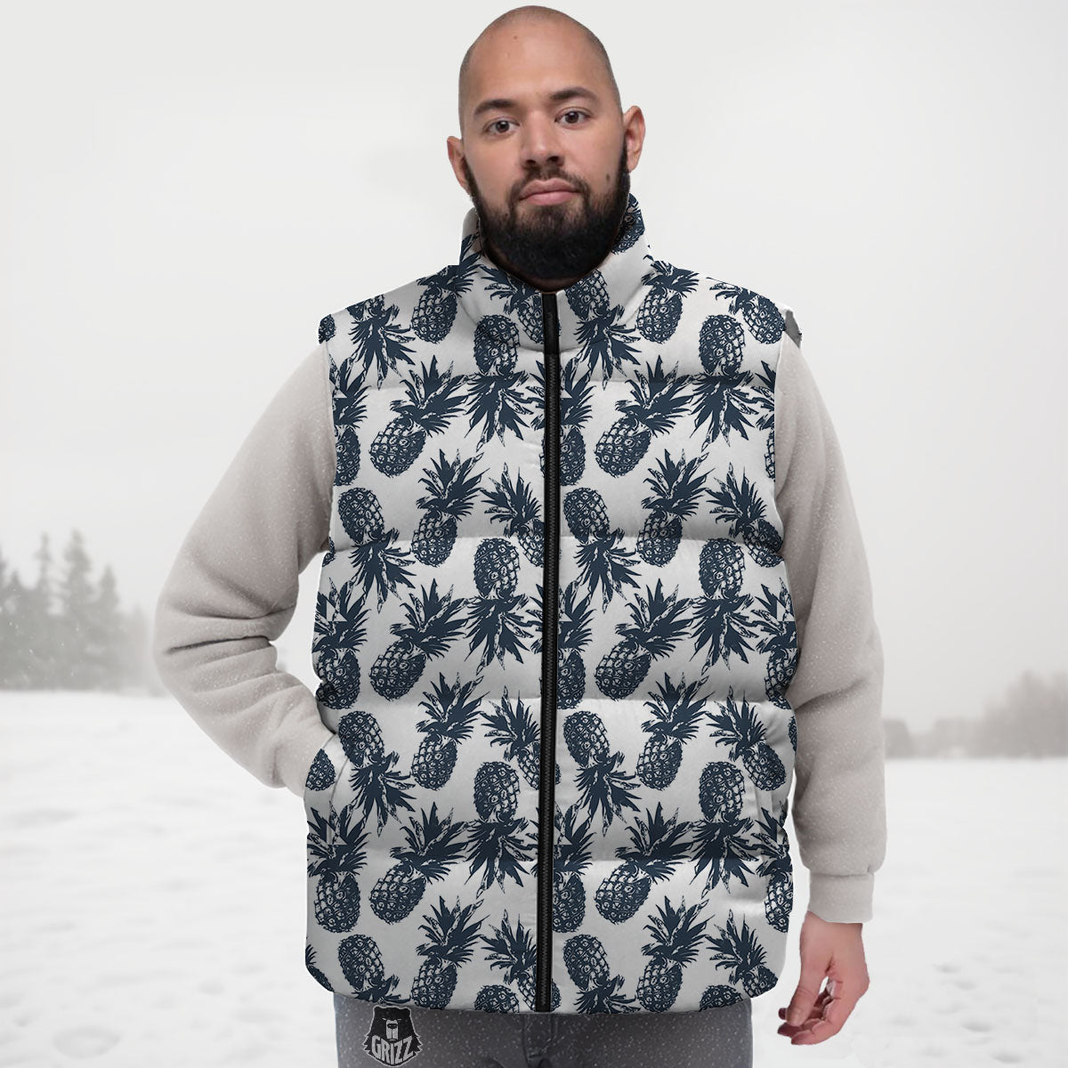 Pineapple Black Tropical Print Pattern Down Vest-grizzshop