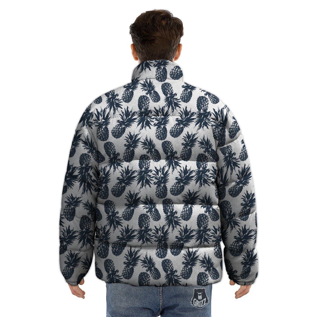 Pineapple Black Tropical Print Pattern Puffer Jacket-grizzshop