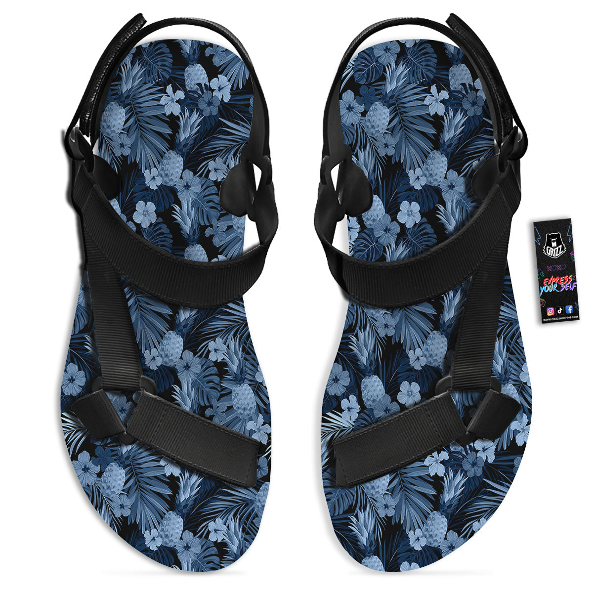 Pineapple Blue Aloha Print Pattern Black Open Toe Sandals-grizzshop