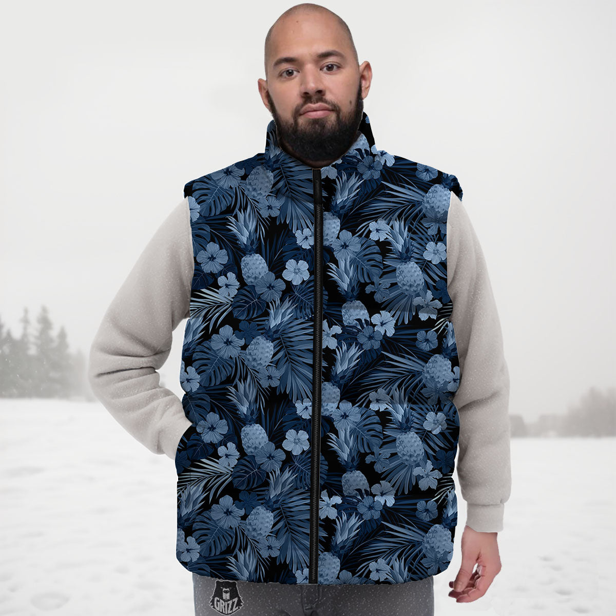 Pineapple Blue Aloha Print Pattern Down Vest