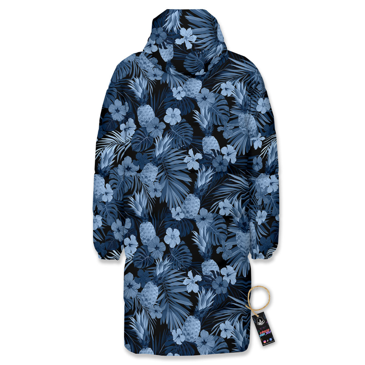 Pineapple Blue Aloha Print Pattern Long Down Jacket-grizzshop