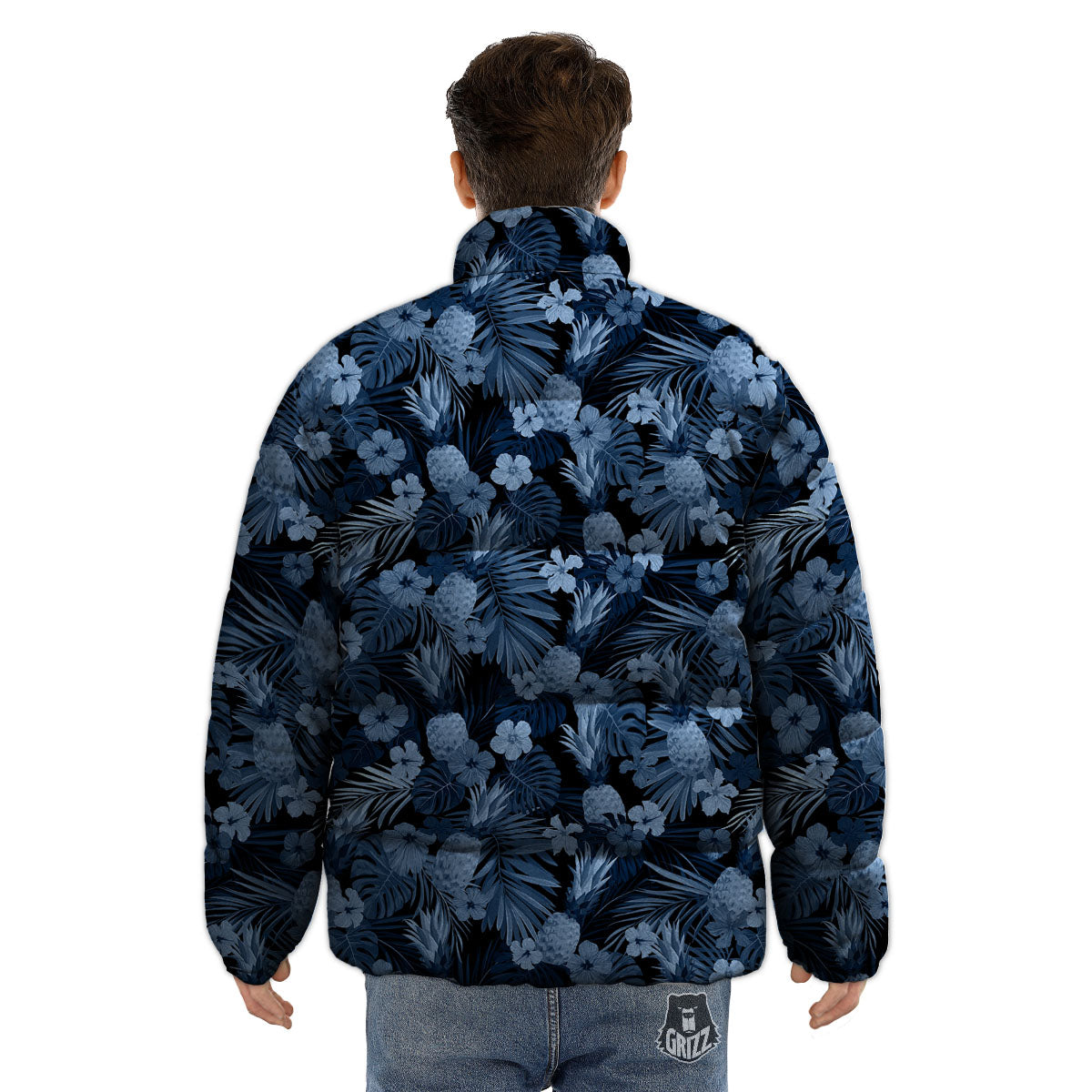 Pineapple Blue Aloha Print Pattern Puffer Jacket-grizzshop
