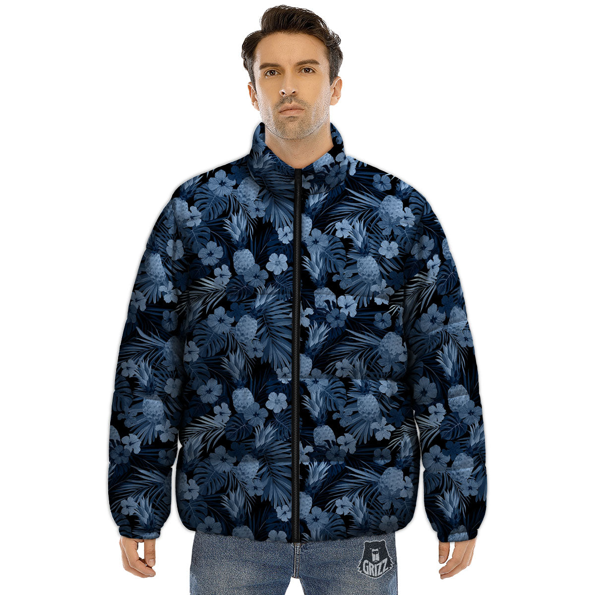Pineapple Blue Aloha Print Pattern Puffer Jacket-grizzshop