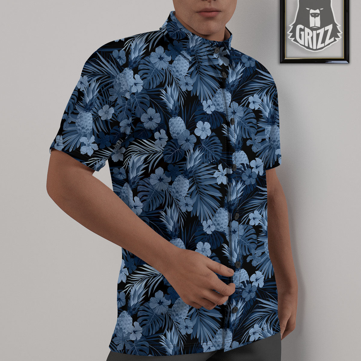 Pineapple Blue Aloha Print Pattern Untucked Shirts-grizzshop