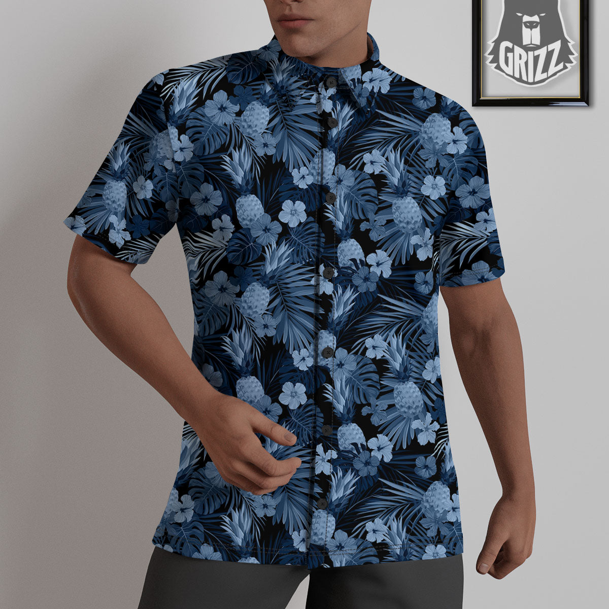 Pineapple Blue Aloha Print Pattern Untucked Shirts-grizzshop