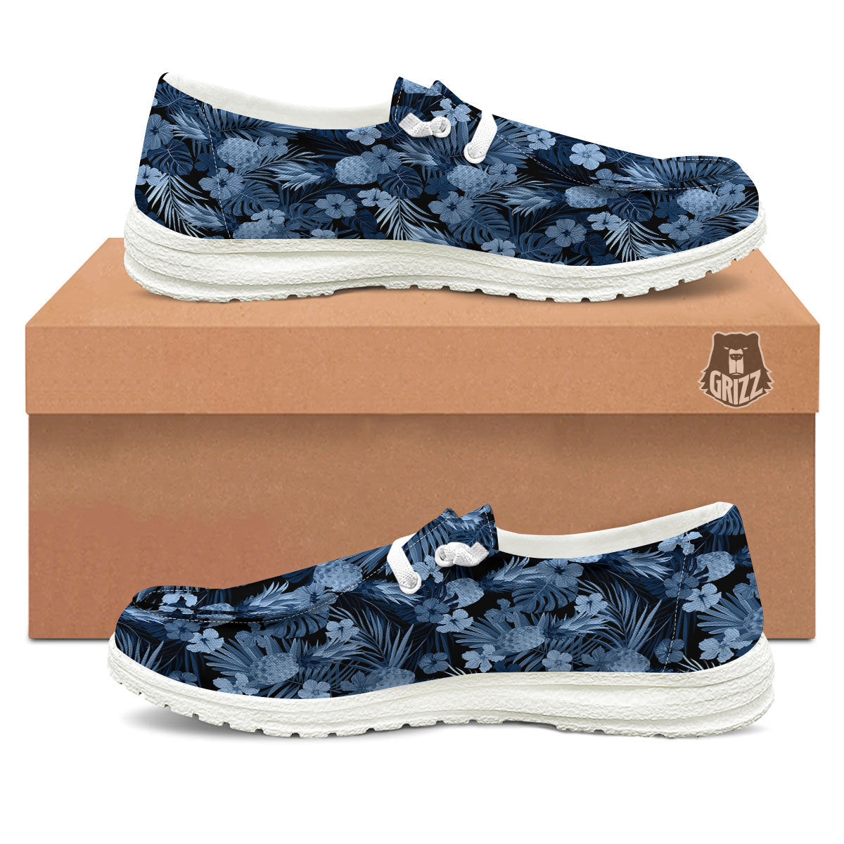 Pineapple Blue Aloha Print Pattern White Loafers-grizzshop