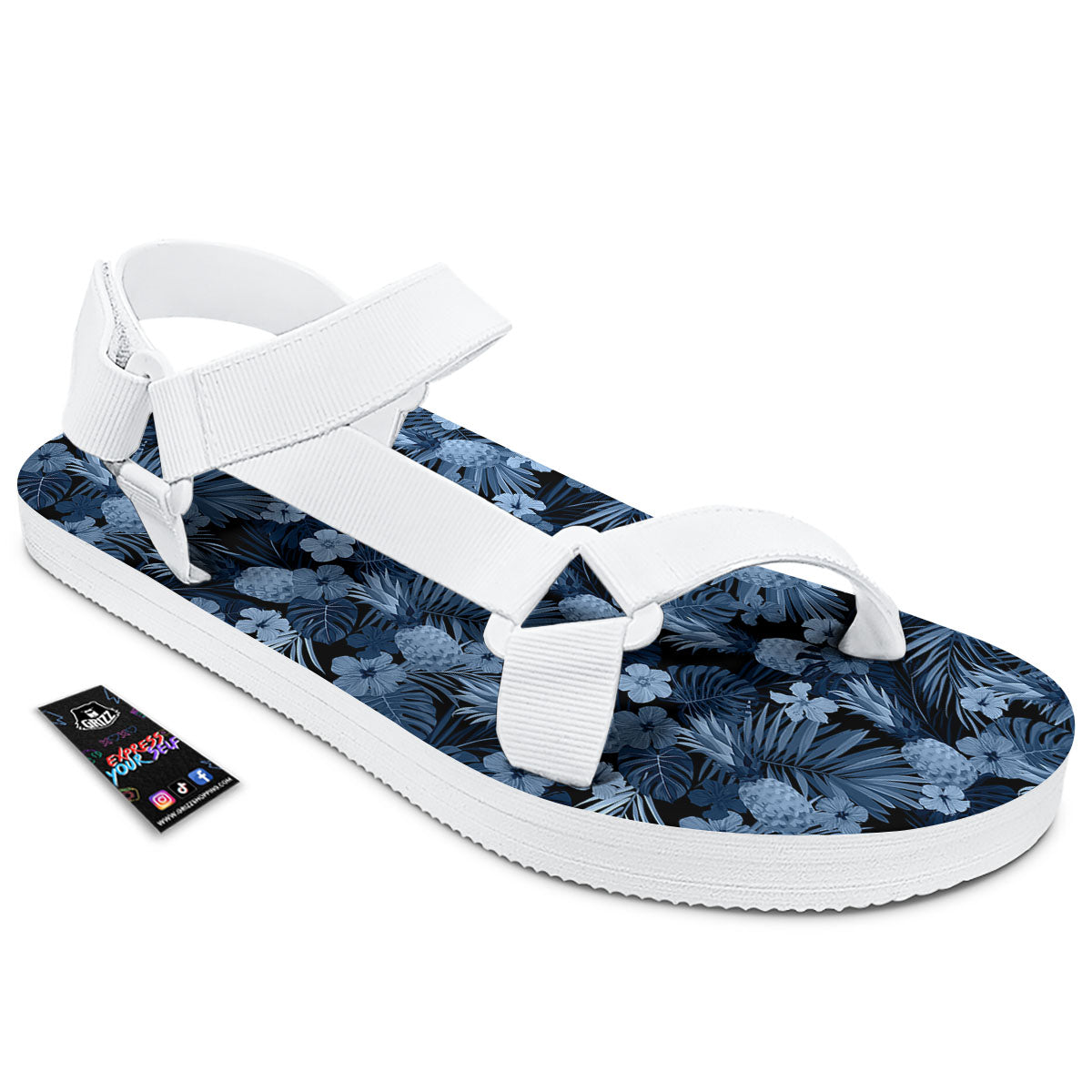 Pineapple Blue Aloha Print Pattern White Open Toe Sandals-grizzshop