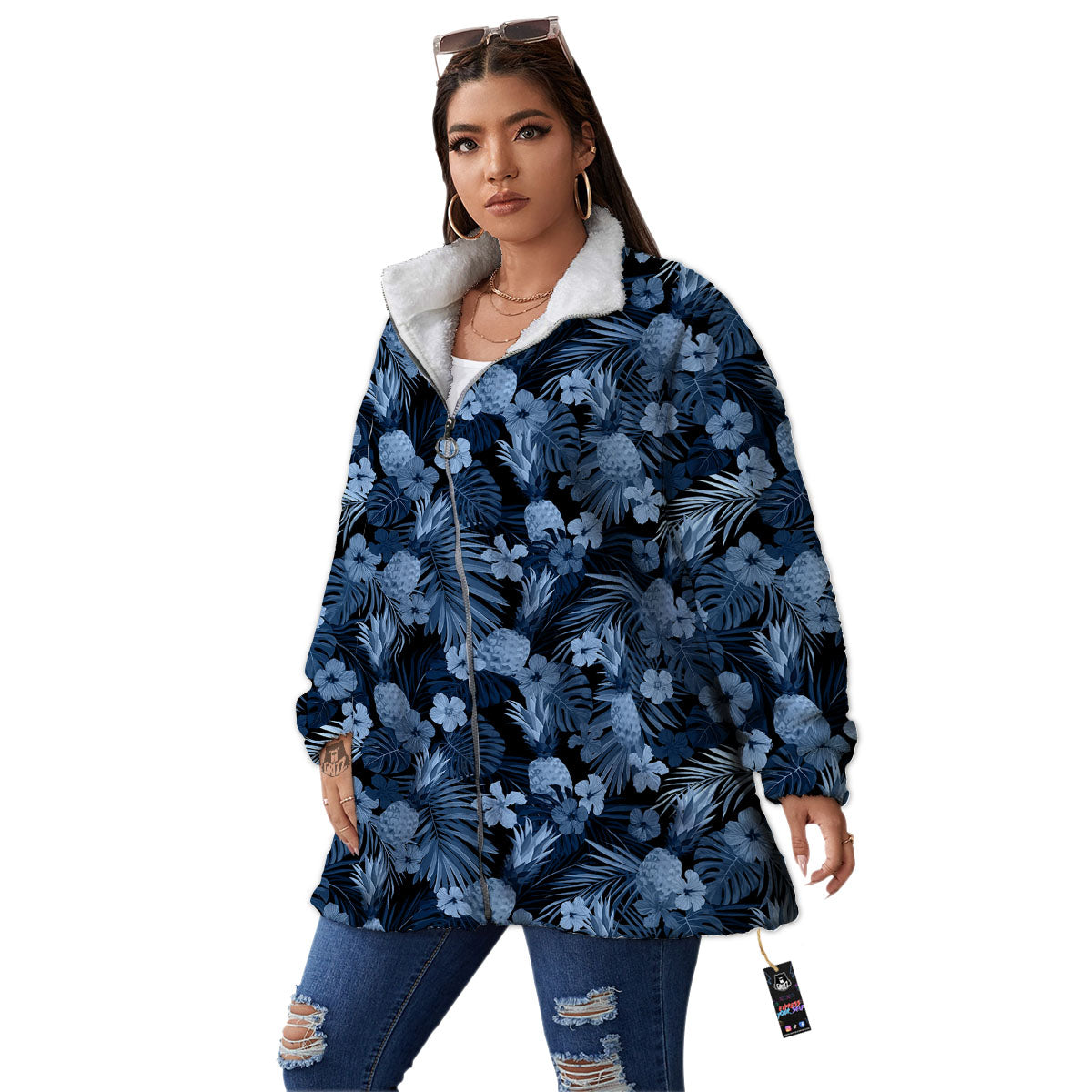 Pineapple Blue Aloha Print Pattern Women's Sherpa Jacket-grizzshop
