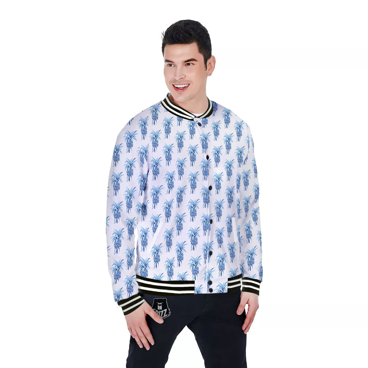 Pineapple Blue Leaf Print Pattern Baseball Jacket-grizzshop