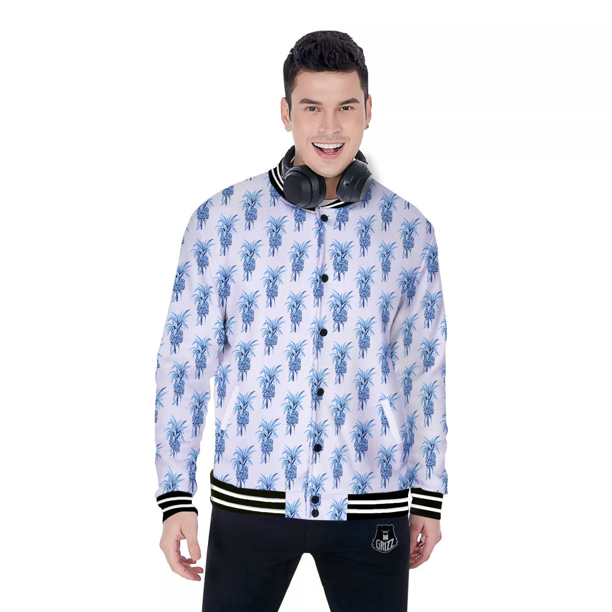 Pineapple Blue Leaf Print Pattern Baseball Jacket-grizzshop