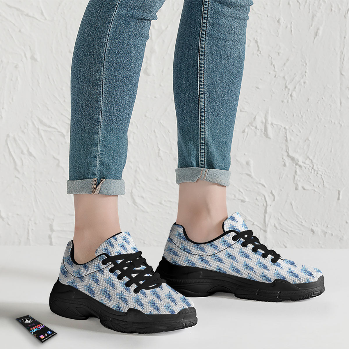 Pineapple Blue Leaf Print Pattern Black Chunky Shoes-grizzshop