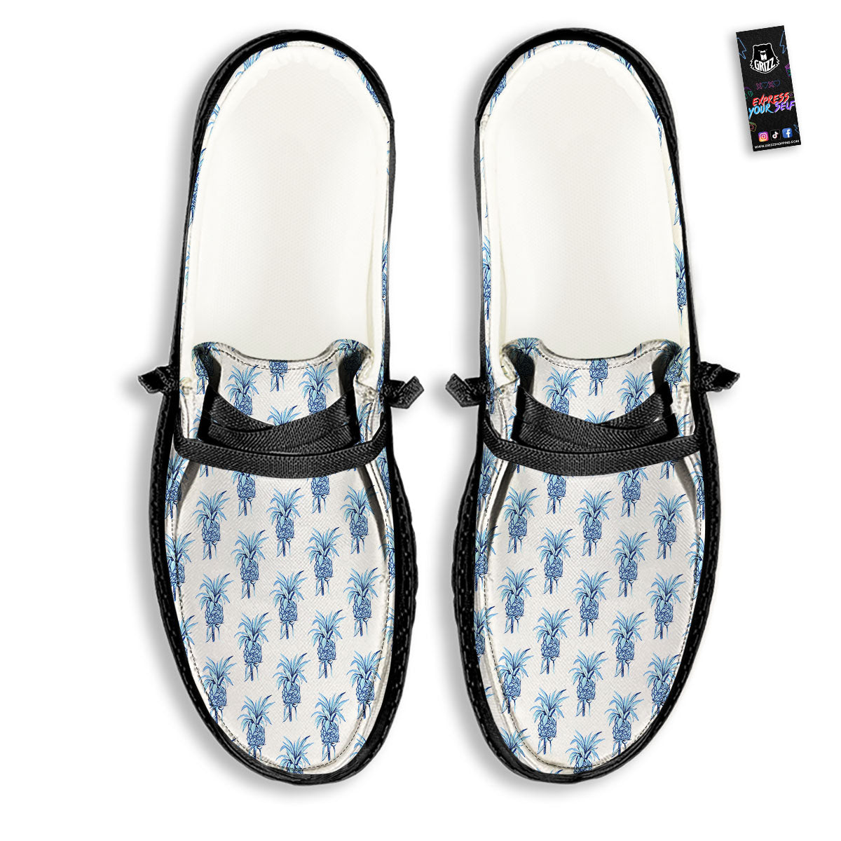 Pineapple Blue Leaf Print Pattern Black Loafers-grizzshop