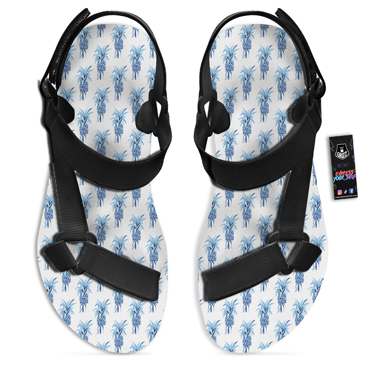 Pineapple Blue Leaf Print Pattern Black Open Toe Sandals-grizzshop