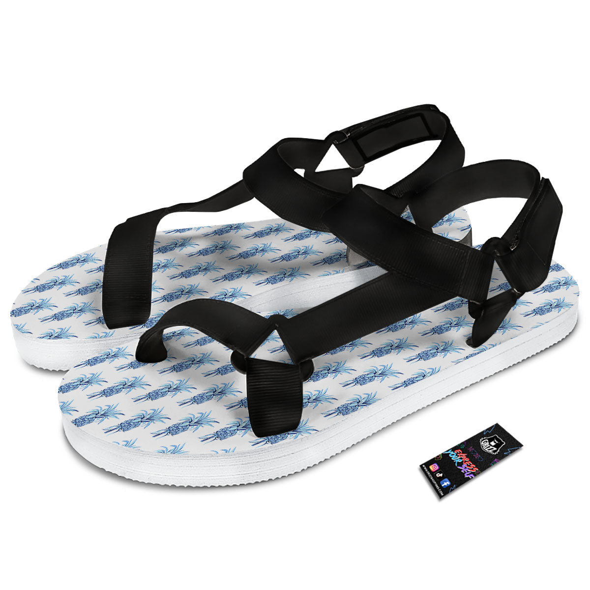 Pineapple Blue Leaf Print Pattern Black Open Toe Sandals-grizzshop