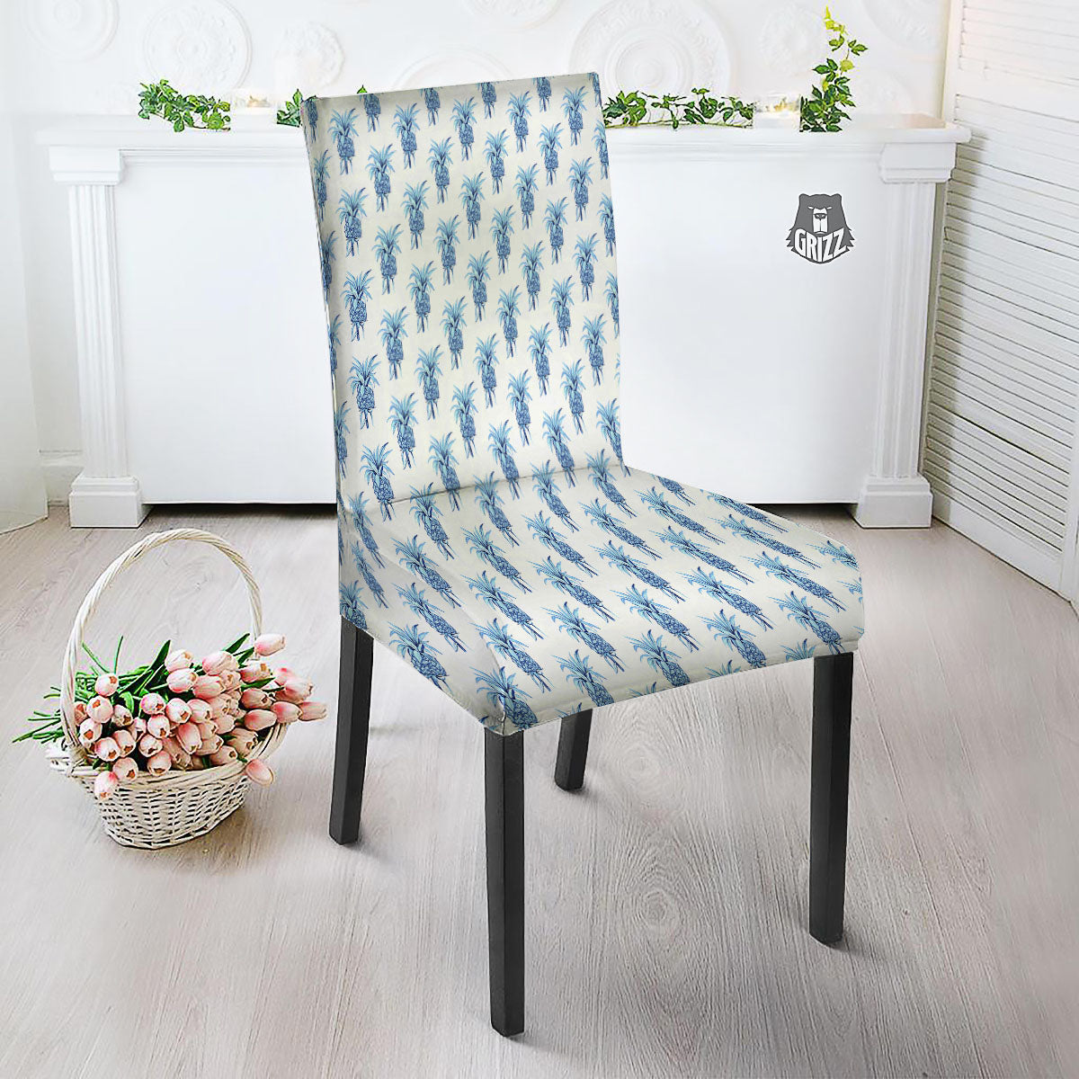 Pineapple Blue Leaf Print Pattern Dining Chair Slipcover-grizzshop