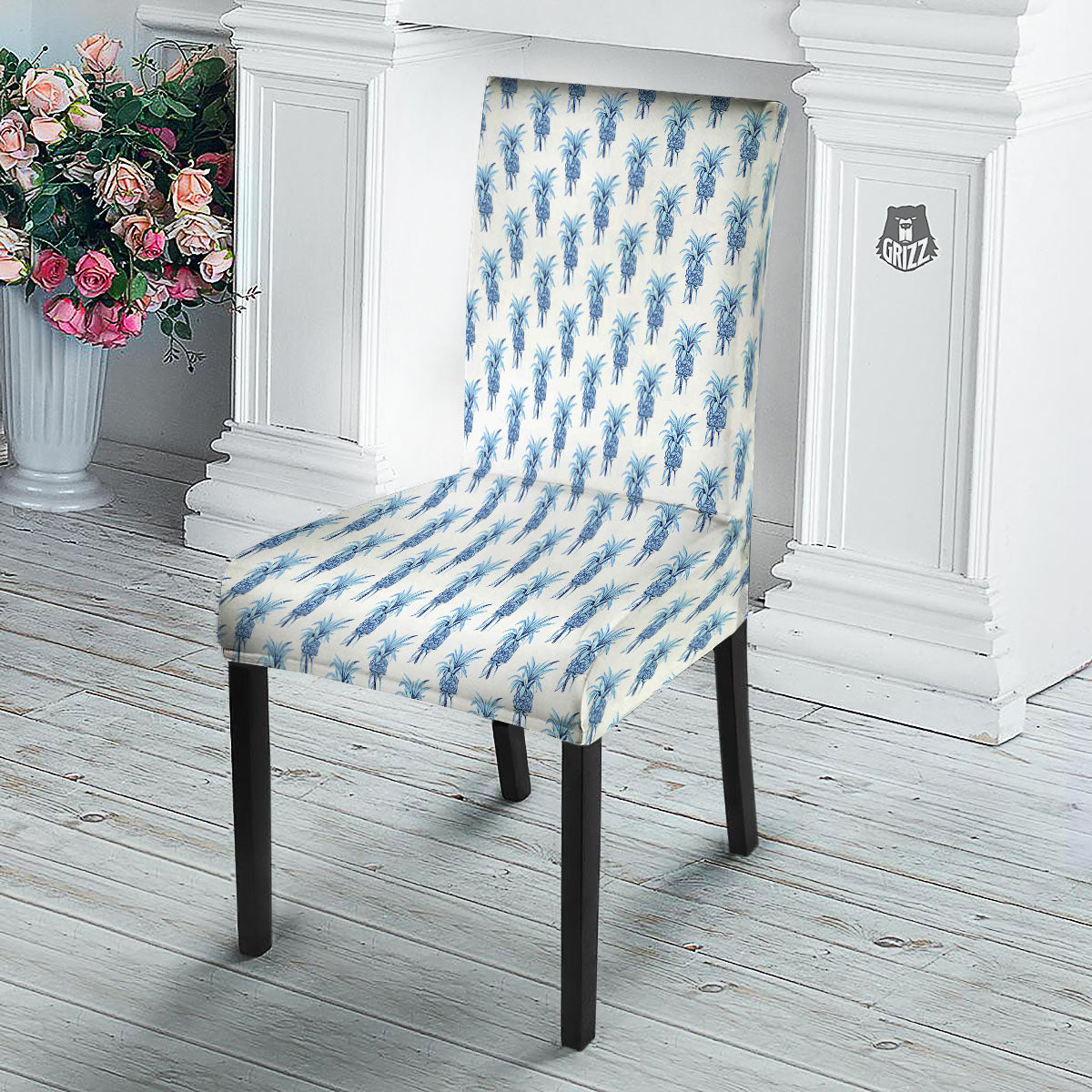 Pineapple Blue Leaf Print Pattern Dining Chair Slipcover-grizzshop